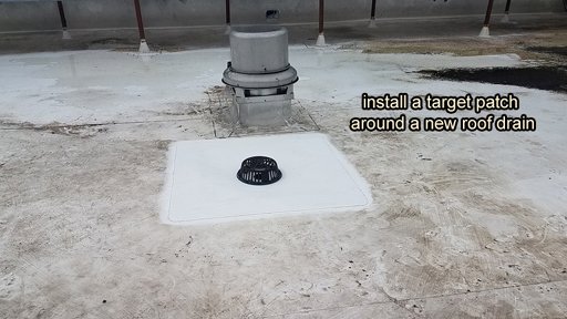 Pipe penetration in BUR Rolled Asphalt Modified Roof, has four voids at the base, with water pooled in the interior.