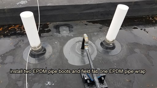 Pipe penetration in BUR Rolled Asphalt Modified Roof, has four voids at the base, with water pooled in the interior.